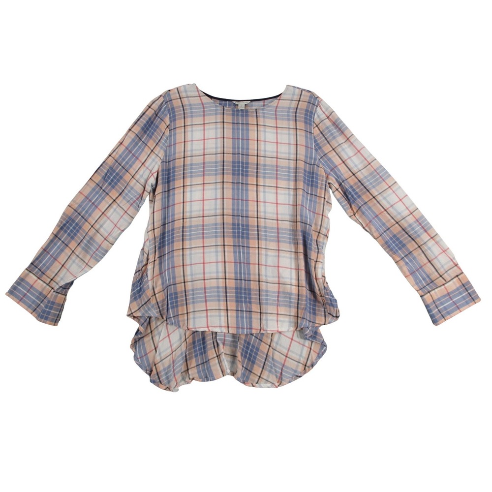 Cato Womens Plaid High Low Blouse Blue Peach Rayon Long‎ Sleeve Top Size L
